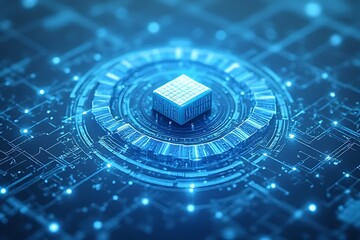 blue square chip stands centrally on a circuit board, showing modern technology.