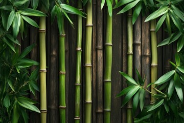 Obraz premium A wall of bamboo stalks with green leaves on the sides, creating an exotic and natural background. The texture is detailed and realistic, showcasing lush greenery against dark wood textures.