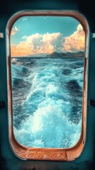 Ocean view through a porthole window with waves, sunset, and distant island