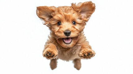 Happy puppy leaps, white background.  Pet adoption campaign