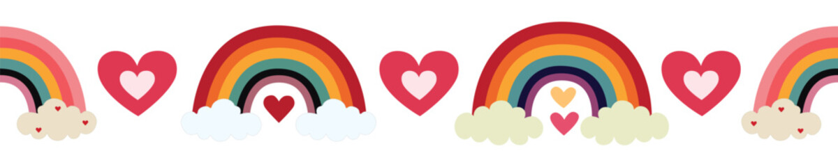 Beautiful border of the rainbows with cute hearts. Graphic design for border and frame.