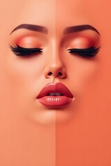 Close-up of a woman's face with closed eyes and coral lipstick.