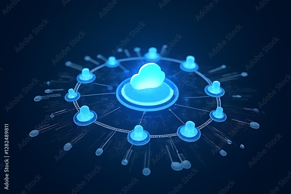 Poster cloud computing network is represented by a central cloud and connected nodes.
