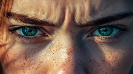 Naklejka premium Close-up of a person's striking blue eyes highlighting freckles and intense expression in natural light