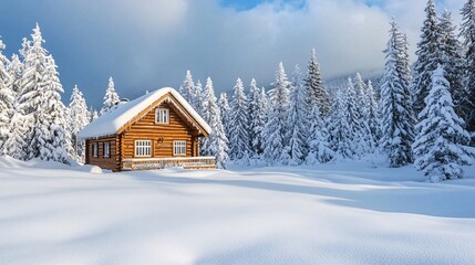 Wooden cabin covered by snow surrounded by snowy fir trees in winter wonderland