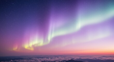 Aurora borealis, northern lights, colorful sky, vibrant colors, purple and green lights, night sky, silhouette mountains, cosmic display, ethereal atmosphere, magical landscape, nature's light show, p