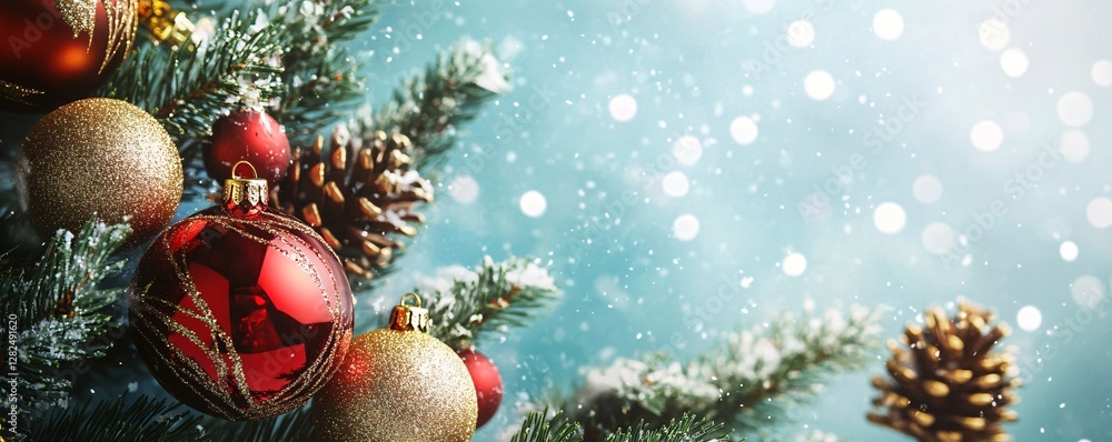 Poster christmas ornaments hanging on snowy fir tree branch with bokeh lights