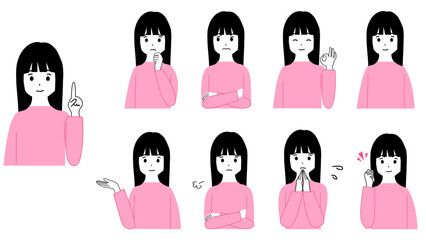 A set of illustrations of various expressions of a young woman's upper body. Joy, anger, sorrow, and pleasure.