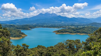 Obraz premium Serene Lake Surrounded by Lush Greenery and Peaks