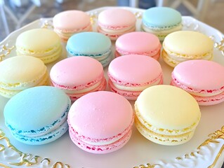 Obraz premium Colorful Macaron Collection on Plate Delicious French Pastry Treats