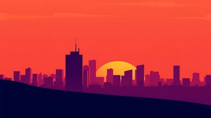 Obraz premium A minimalist digital painting of a geometric cityscape at sunset, warm orange and purple hues, flat planes, sharp edges, vector style.
