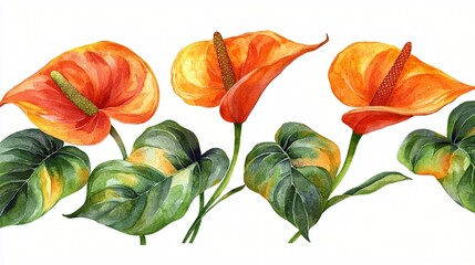 Orange anthurium flowers watercolor border, white background, floral design, cards