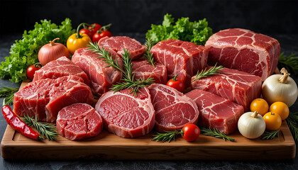 Raw Meat Assortment on Wooden Cutting Board with Fresh Vegetables – Gourmet Food Photography