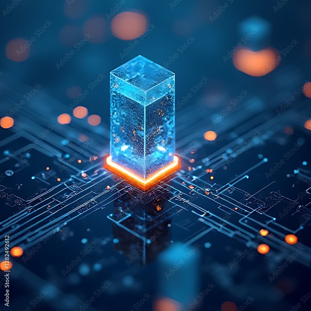 Poster glowing blue cube sits atop an illuminated circuit board display.