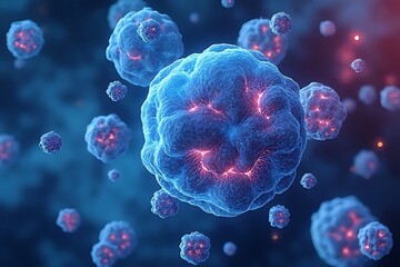 Glowing blue cells with pink highlights float in a dark blue void.