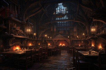 Fototapeta premium Medieval tavern interior filled with dining tables, chairs and lanterns