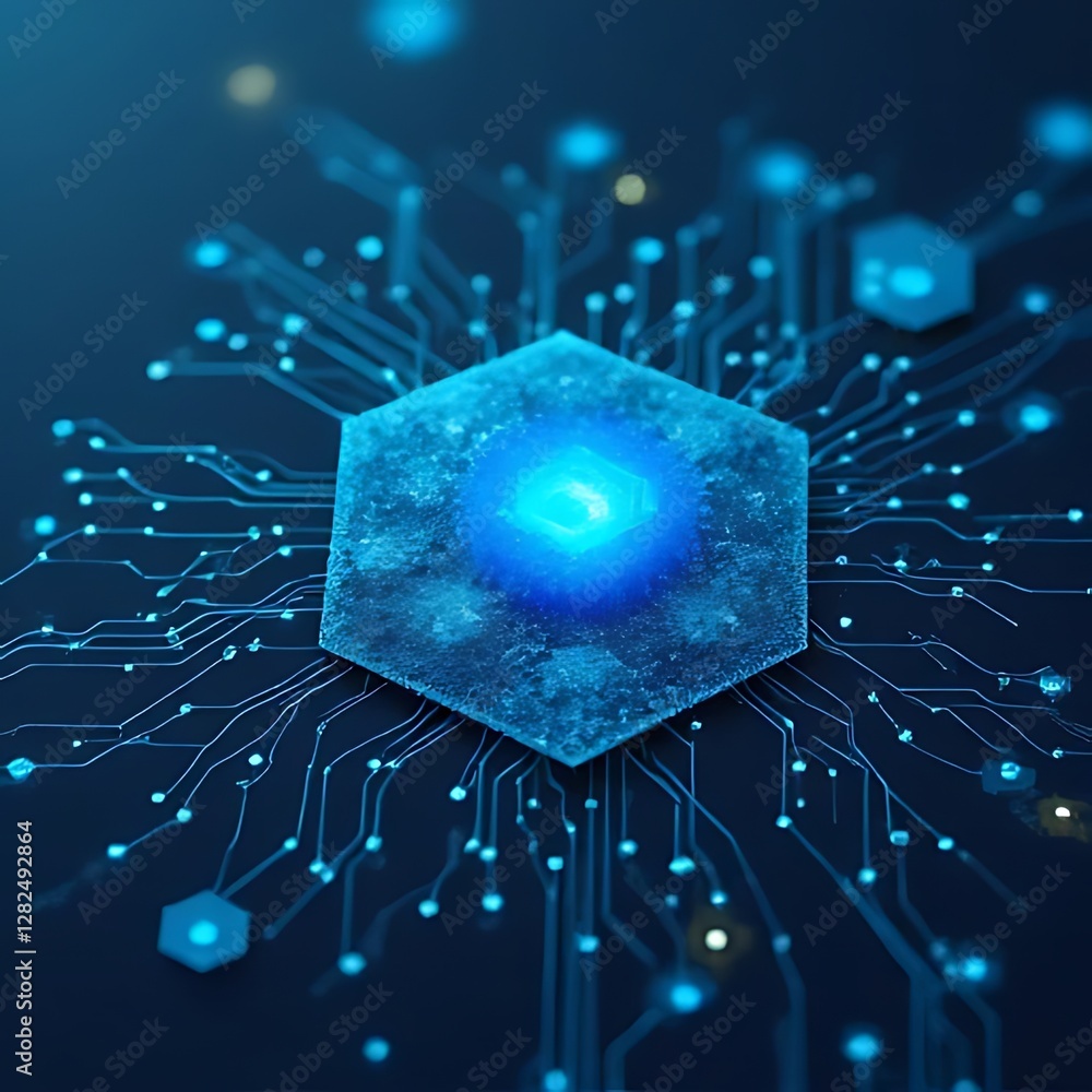 Poster glowing blue hexagonal element connects to an abstract circuit board design.