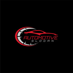 automotive logo design with car, speedometer and gear