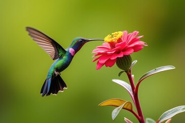 Fototapeta premium A Vibrantly Colored Hummingbird Feeding on a Bright Pink Flower in a Lush Garden Setting, Showcasing Nature's Beauty and Intricate Details