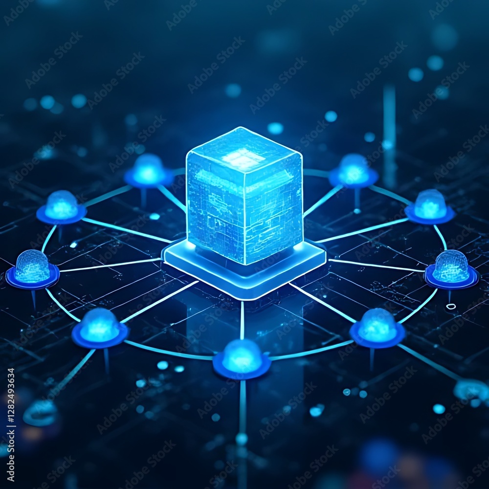 Poster interconnected blue nodes surround a cube, illustrating a data-driven, networked, technological syst