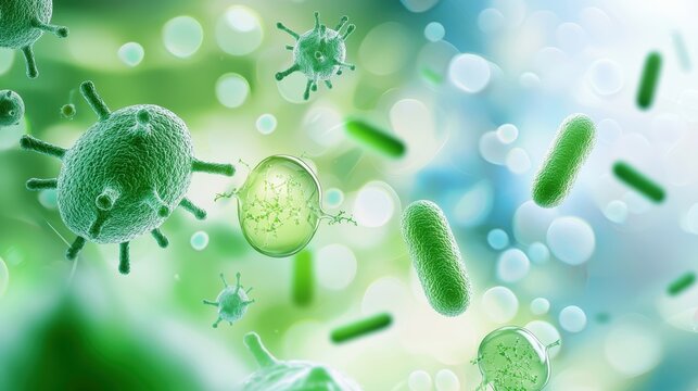 Microscopic bacteria and viruses, 3D render.