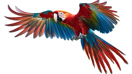 Fototapeta premium Vibrant Scarlet Macaw in Flight | Colorful Parrot Isolated on White Background