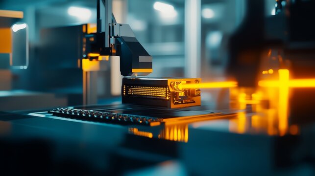 Two quantum computers linked by a glowing energy beam, symbolizing groundbreaking advancements in futuristic technology.
