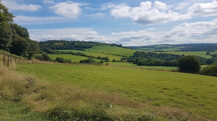 Fototapeta premium Bright Green Hills Under Blue Sky with Fluffy Clouds