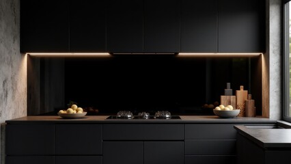Fototapeta premium Modern kitchen with black backsplash, featuring a gas stove, under-cabinet lighting, and bowls of lemons.