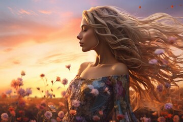 Obraz premium Serene sunset, woman gazes forward, long hair, floral field, pastel sky