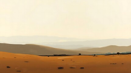 Fototapeta premium A minimalist oil painting of a serene landscape, using earthy tones, thick impasto brushstrokes, textured surface, a panoramic view, muted colors, hazy atmosphere.