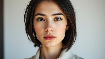 A minimalist photo of a young woman with fair skin, short dark hair and sharp features, captured in a close-up shot with natural light, wearing neutral-toned clothing, her expression serene.