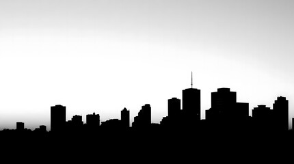 Fototapeta premium A minimalist photograph of a city skyline at dawn, featuring a long exposure shot with a high contrast, showcasing the silhouettes of buildings against a pale sky, in black and white.