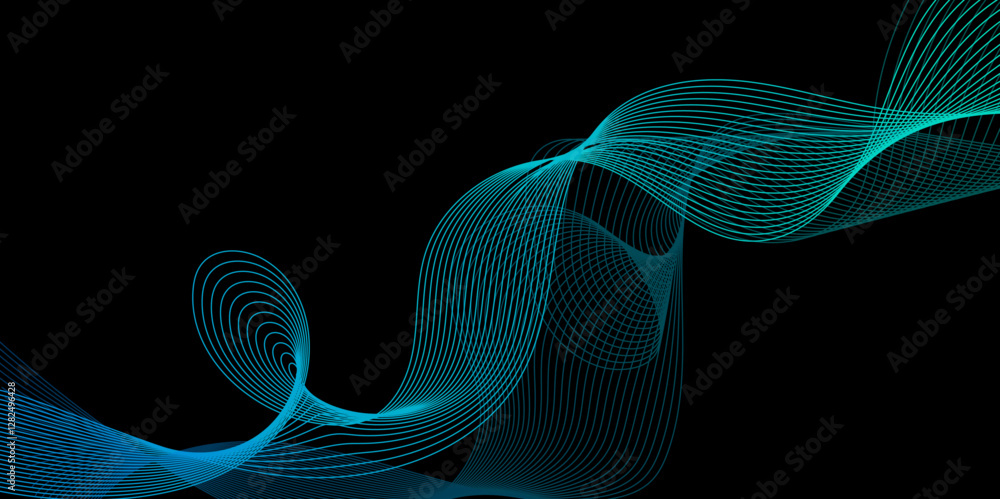 Poster abstract black background with blue line. modern template abstract design flowing particles digital 