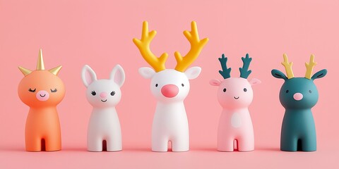 Cute Reindeer Monster Fun Children's Creatures Group Pink Background.
