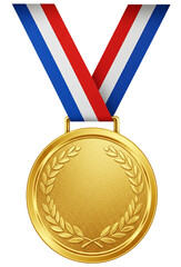 Gold medal with a ribbon, with transparent background. First place winner, sport award
