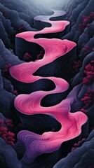 Obraz premium Digital illustration of a winding pink river flowing through a dark, rocky landscape
