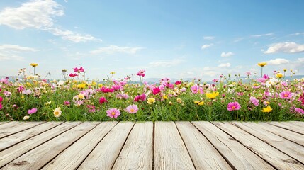 Colorful Cosmos Flower Field with Wooden Planks