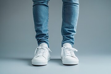A pair of white sneakers and blue jeans, worn by an Asian male model against a gray background. The focus is on his feet with a low-angle shot, highlighting their details. 