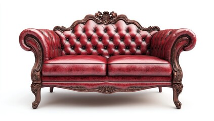 Ornate red leather loveseat on white background