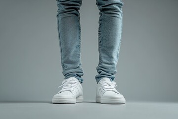 A pair of white sneakers and blue jeans, worn by an Asian male model against a gray background. The focus is on his feet with a low-angle shot, highlighting their details. 
