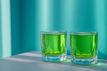 Two glass with lemonade or mojito cocktail with lemon and mint, cold refreshing drink or beverage with ice on rustic blue background Copy space