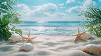Beach scene featuring shells on sand with palm trees and clear blue sky during daylight hours