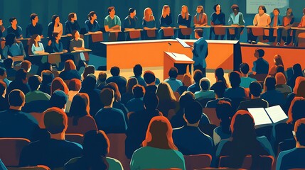 A speaker addresses a large audience in a lecture hall