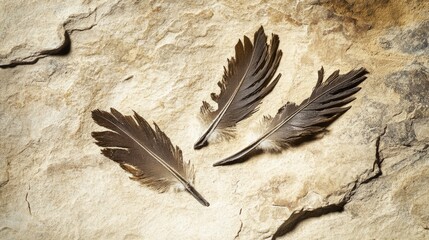 Prehistoric bird fossils with detailed feathers, revealing ancient life and evolution.
