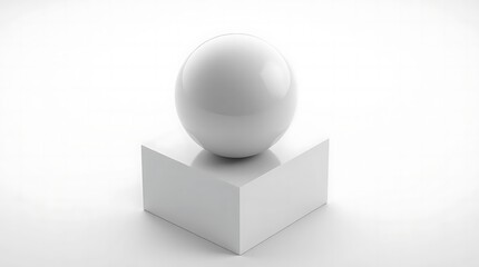 Minimalist 3D render of a sphere resting on a cube, smooth surfaces, monochromatic color scheme, showcasing precise geometry and reflective properties.