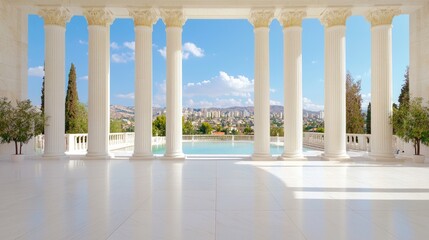 Fototapeta premium White marble columns on a luxury terrace overlook a swimming pool and distant city under a bright blue sky.