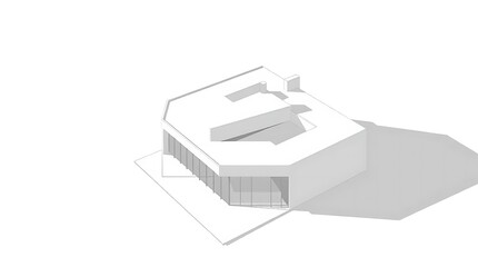 Minimalist architectural rendering of a modern building with clean lines and simple geometric shapes, muted gray tones, sharp lines, bird's eye perspective.