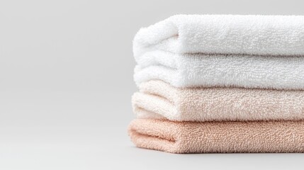 Stack of folded white and beige towels on gray background.  Possible use  Product photography for home goods
