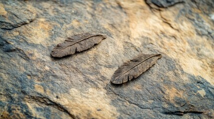 Obraz premium Prehistoric bird fossils with detailed feathers, revealing ancient life and evolution. 